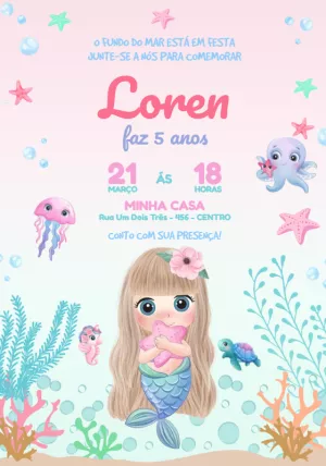 Convite Aniversário Sereia Aquarela para Editar Online