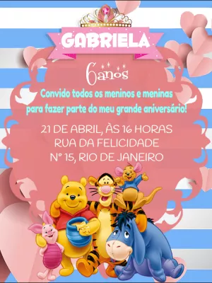 Convite Aniversário Ursinho Pooh e Amigos Menina para Editar