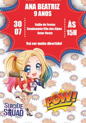 Convite de Aniversário Arlequina para Editar Online
