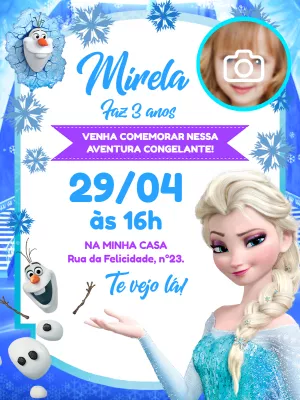 Convite Aniversário Frozen com Foto para Editar Online