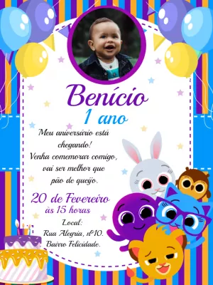 Convite Aniversário Bolofofos com Foto para Editar Online