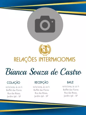 Convite Formatura Relações Internacionais com Foto para Editar
