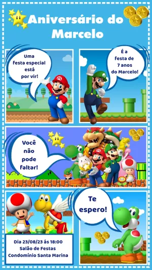 Convite de Aniversário Super Mario e sua Turma para Editar