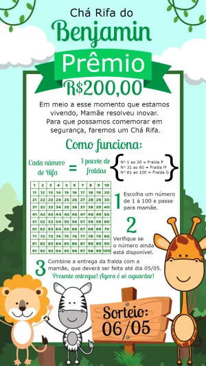 Convite Chá Rifa Safari com Animais da Selva para Editar Online