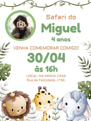 Convite Aniversário Safari Baby com Foto para Editar Online