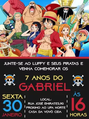 Convite de Aniversário One Piece com Personagens para Editar