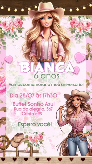 Convite Aniversário Barbie Boiadeira para Editar Online