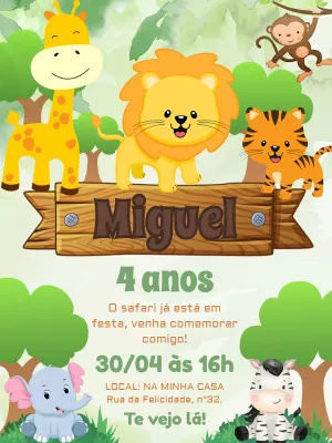 Convite de Aniversário Safari Baby com Animais para Editar Online
