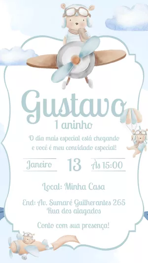 Convite de Aniversário Urso Aviador para Editar Online