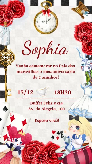 Convite Aniversário Alice no País das Maravilhas para Editar Online