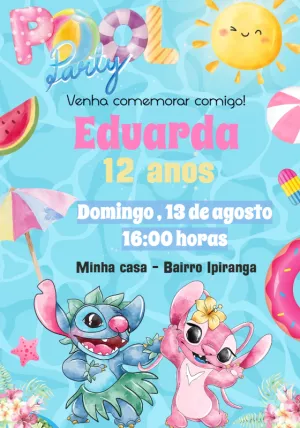 Convite Aniversário Stitch e Angel Pool Party para Editar Online