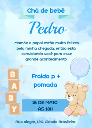 Convite Chá de Bebê Ursinho com Balão para Editar Online