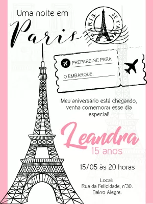 Convite de Aniversário Tema Paris para Editar Online
