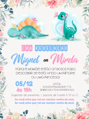Convite Chá Revelação Dinossauros Fofos para Editar Online
