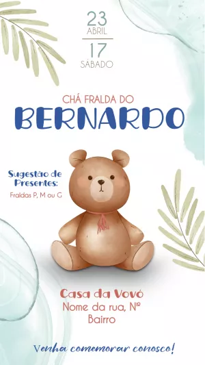 Convite Chá de Fraldas Ursinho Aquarela para Editar Online