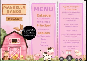 Menu de Mesa Fazendinha Rosa para Editar e Imprimir