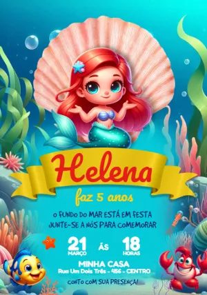 Convite de Aniversário Pequena Sereia para Editar Online