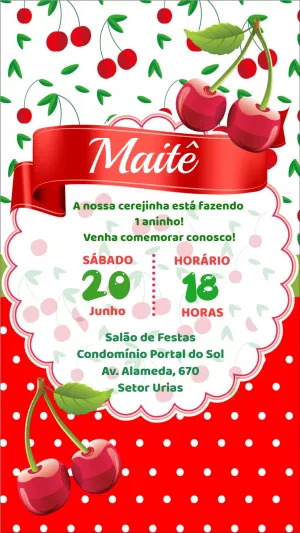 Convite de Aniversário Cerejinha para Editar e Imprimir