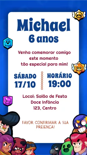 Convite de Aniversário Brawl Stars com Personagens para Editar