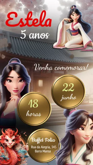 Convite de Aniversário Mulan Editável Online para Imprimir