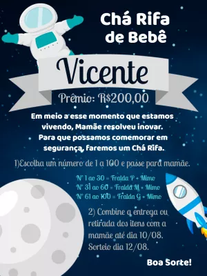 Convite Chá Rifa de Bebê Astronauta Editável Online