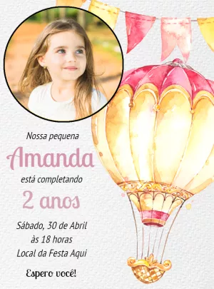 Convite de Aniversário Balão Aquarela com Foto para Editar