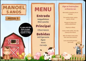 Menu de Mesa Fazendinha Menino Editável para Aniversário
