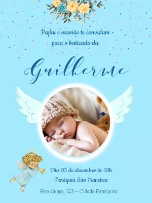 Convite de Batizado Anjinho com Foto para Editar Online