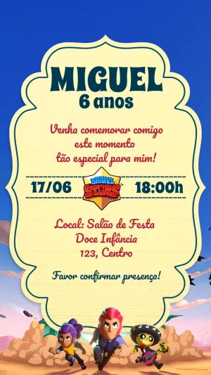 Convite de Aniversário Brawl Stars com Personagens para Editar