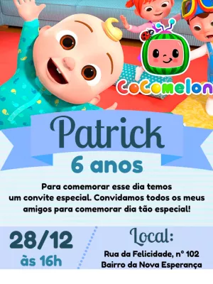 Convite de Aniversário Cocomelon com Personagens para Editar