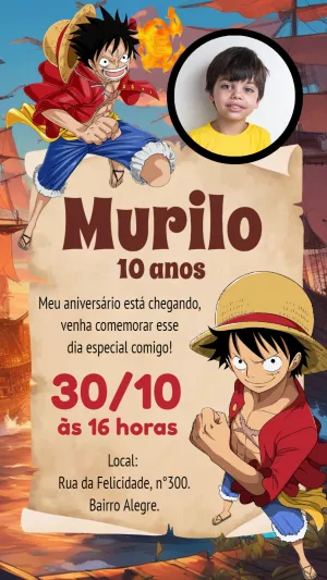 Convite de Aniversário One Piece com Foto para Editar Online