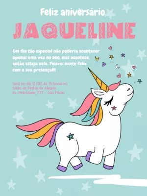 Convite de Aniversário Unicórnio Fofo para Editar Online