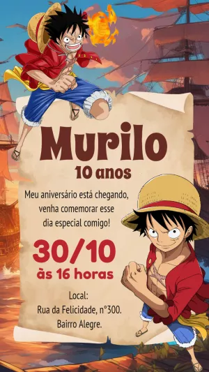 Convite de Aniversário One Piece com Luffy para Editar Online