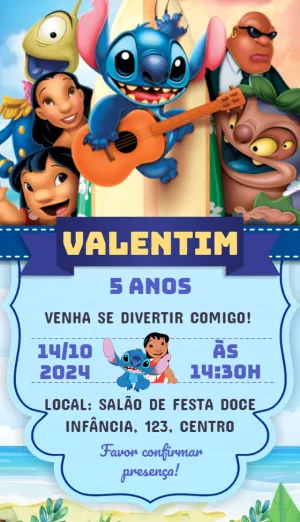Convite de Aniversário Lilo e Stitch para Editar Online
