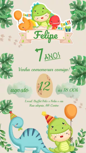 Convite de Aniversário Dinossauro Baby para Editar Online