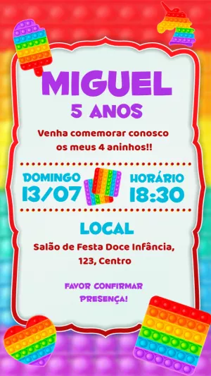 Convite de Aniversário Pop It Colorido para Editar Online