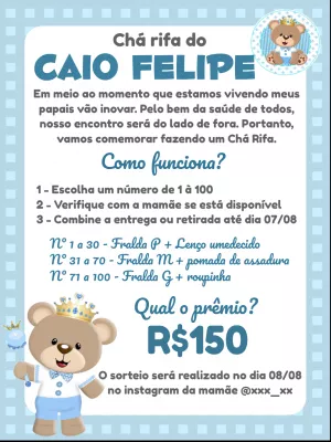 Convite Chá Rifa Ursinho Príncipe para Editar Online