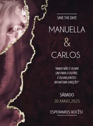 Save The Date Casamento Mármore Roxo e Dourado para Editar