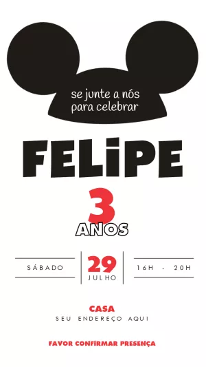 Convite Aniversário Mickey Mouse Minimalista para Editar Online