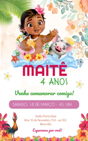Convite Aniversário Moana Baby Editável para Imprimir
