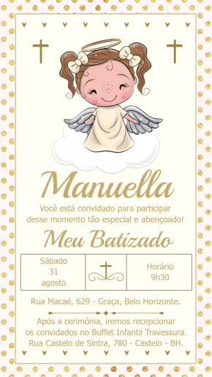 Convite de Batizado Anjinha Menina para Editar Online