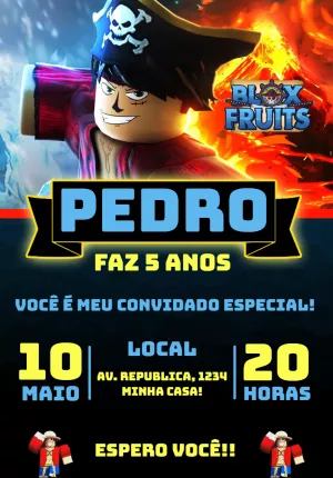 Convite de Aniversário Blox Fruits Roblox para Editar Online