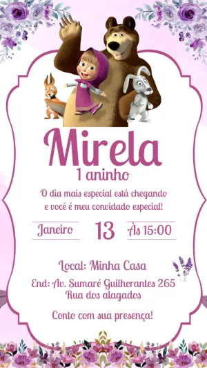 Convite Aniversário Masha e o Urso Floral para Editar