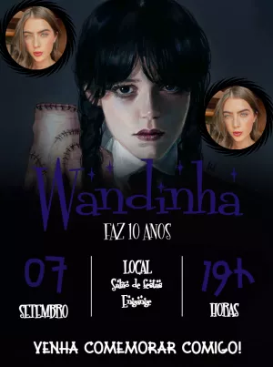 Convite Aniversário Wandinha com Foto para Editar Online