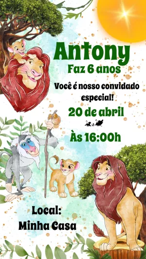 Convite de Aniversário Rei Leão Aquarela para Editar Online