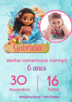 Convite de Aniversário Moana com Foto para Editar Online