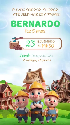 Convite de Aniversário Três Porquinhos para Editar Online