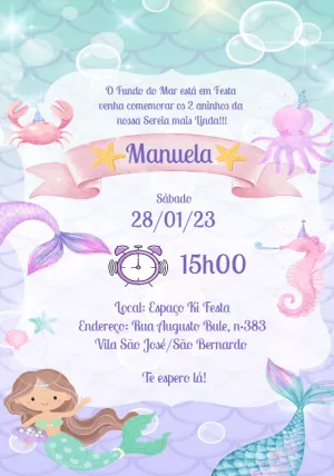 Convite Aniversário Sereia Aquarela para Editar Online