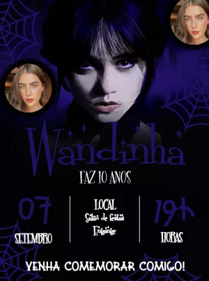 Convite Aniversário Wandinha com Foto para Editar Online