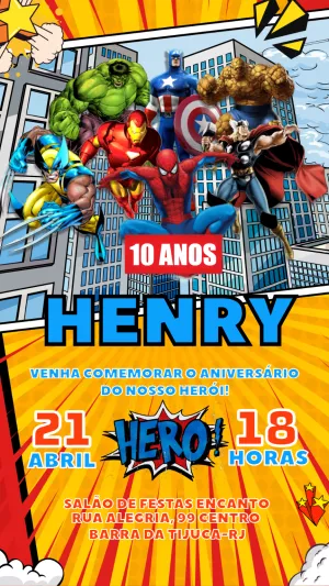 Convite de Aniversário Super Heróis Marvel para Editar Online